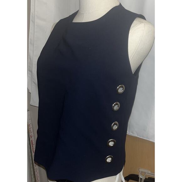 CARMEN MARC VALVO WOMEN'S Dark Blue SLEEVELESS TOP XS Zip Back,Silver Grommets - Picture 3 of 16